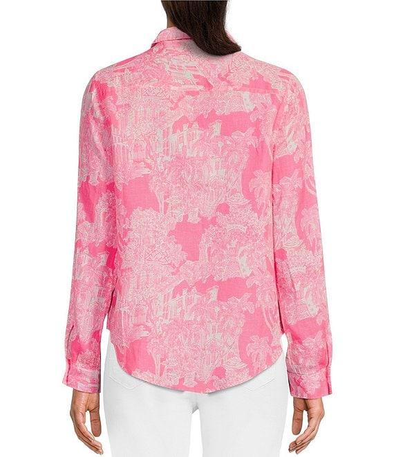 Lilly Pulitzer Sea View Woven Linen Anniversary Toile Print Point Collar Long Sleeve Button Down Blouse Product Image
