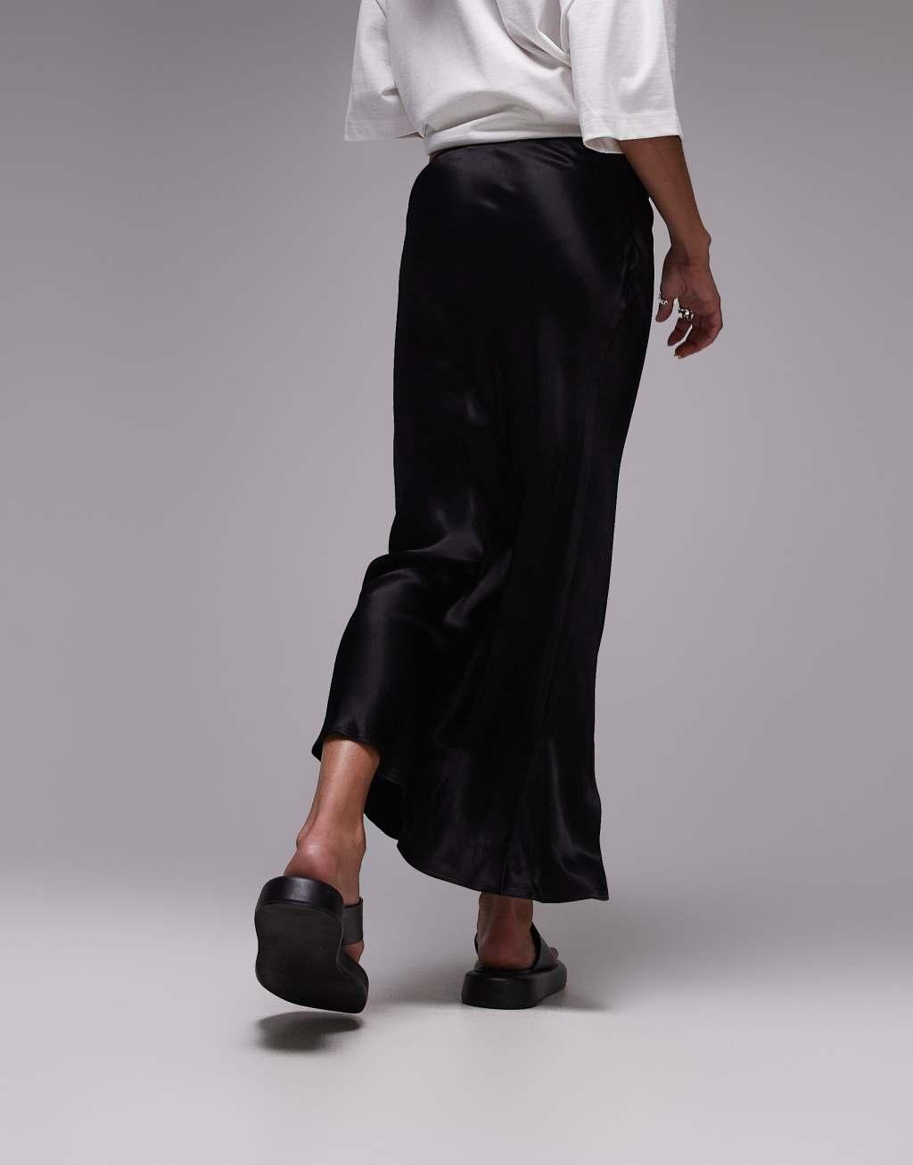 Topshop satin bias midi skirt in black Product Image