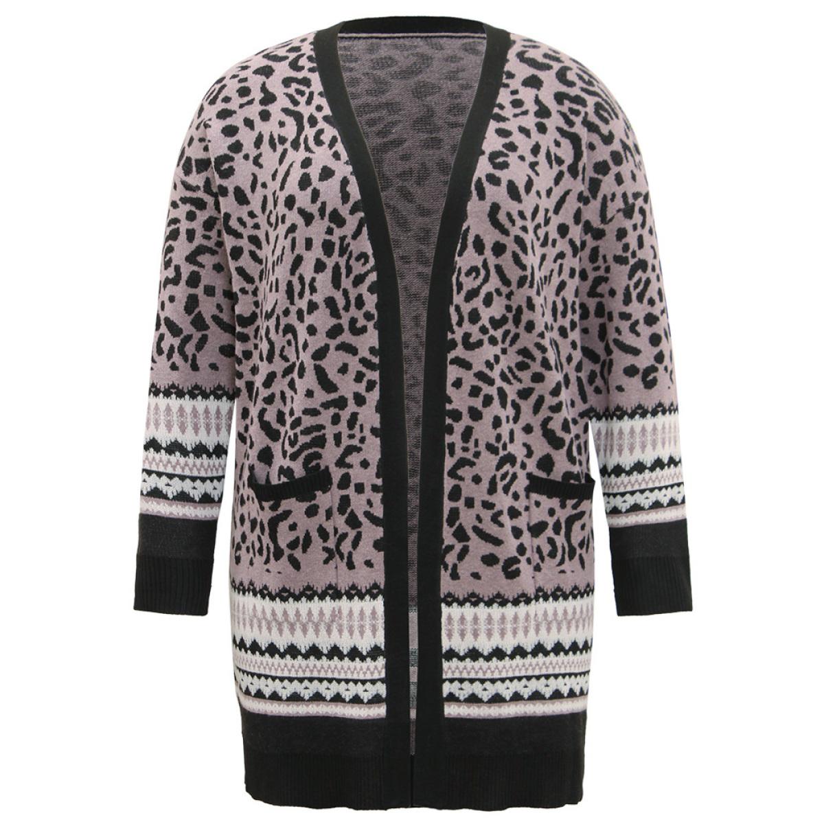 Plus Size Leopard Print Pocket Contrast Trim Cardigan Leopard Women Casual Long Sleeve Dailywear Cardigans BloomChic 18-20/2X Product Image