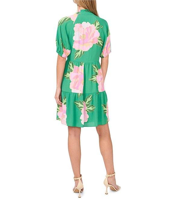 CeCe Floral Print Split Round Neck Short Sleeve Tiered A-Line Dress Product Image