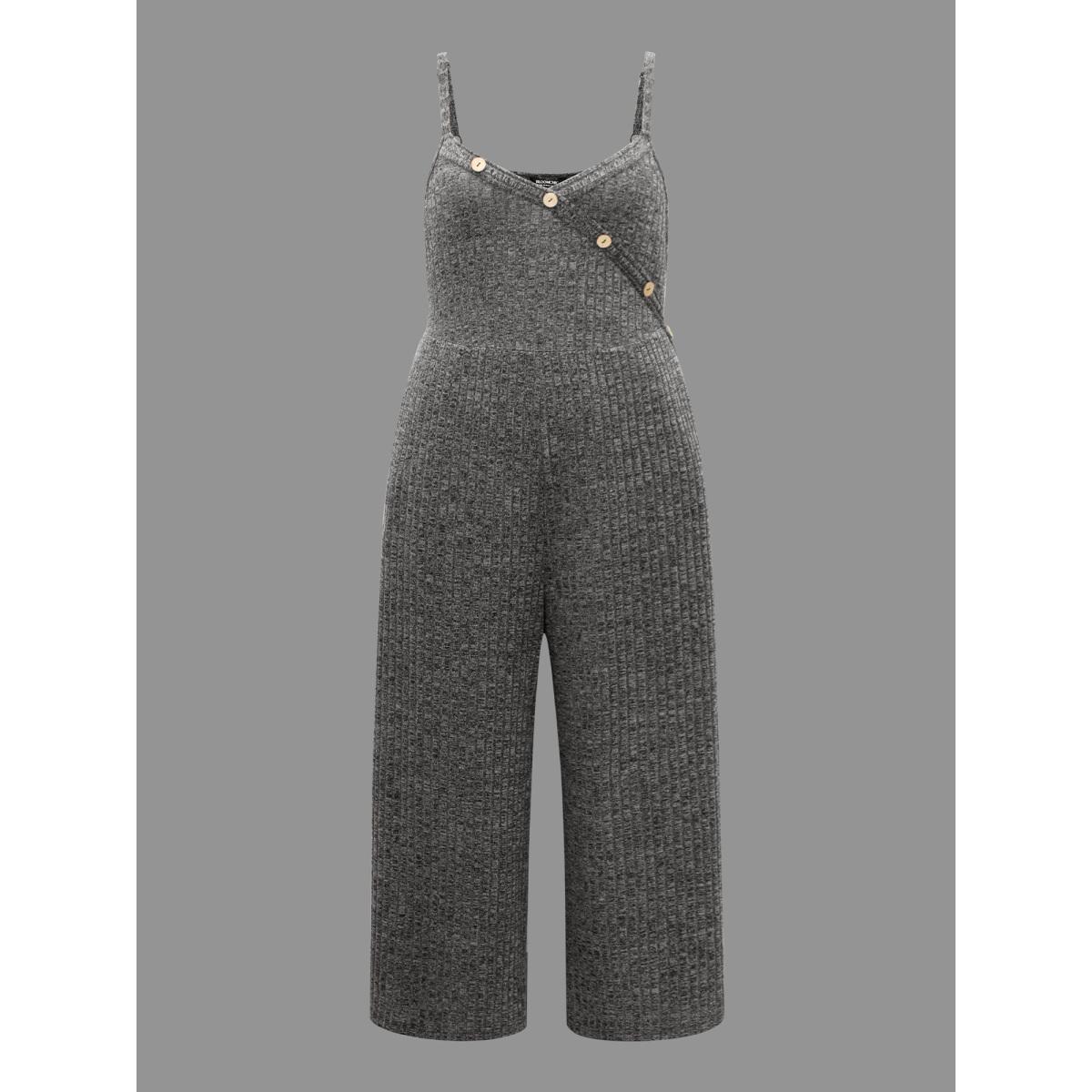 Plus Size DimGray Plain Rib Knit Button Detail Jumpsuit Women Casual Sleeveless Heart neckline Everyday Loose Jumpsuits BloomChic 22-24/3X Product Image
