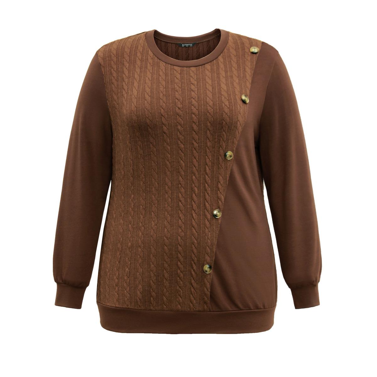 Plus Size Plain Textured Patchwork Button Detail Sweatshirt Women DarkBrown Casual Texture Round Neck Dailywear Sweatshirts BloomChic 18-20/2X Product Image