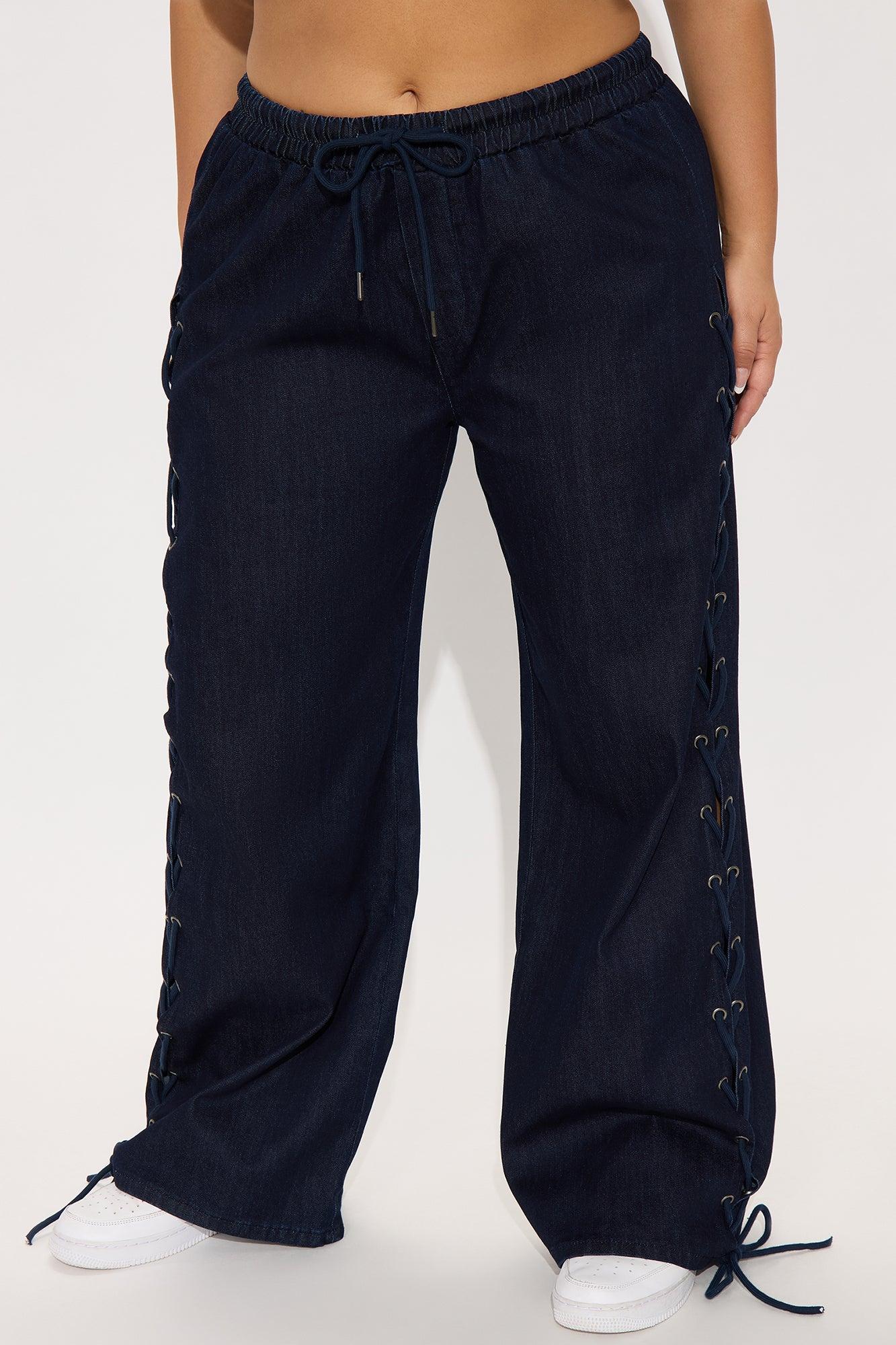 Lucky Laced Up Wide Leg Denim Jeans - Dark Wash Female Product Image