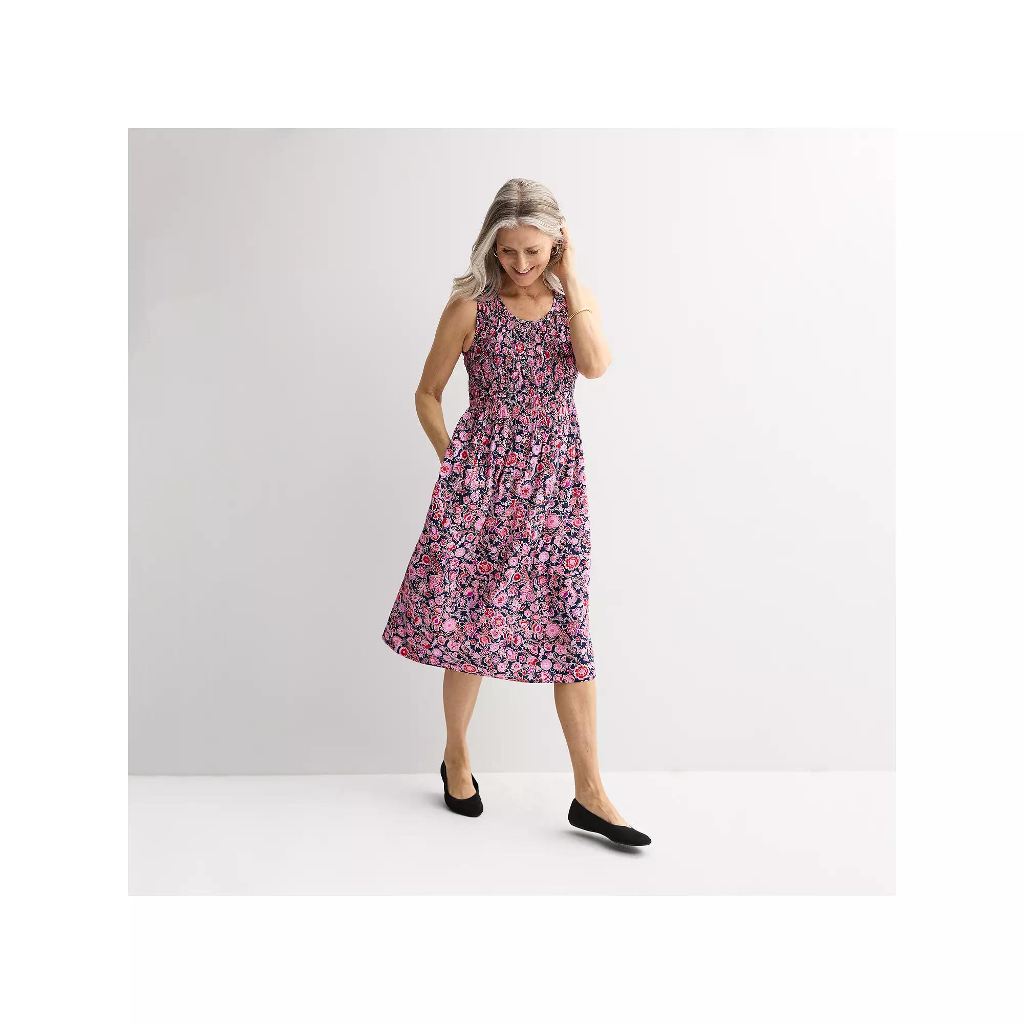 Womens Croft & Barrow Smocked Midi Dress Blue Red Floral Vine Product Image