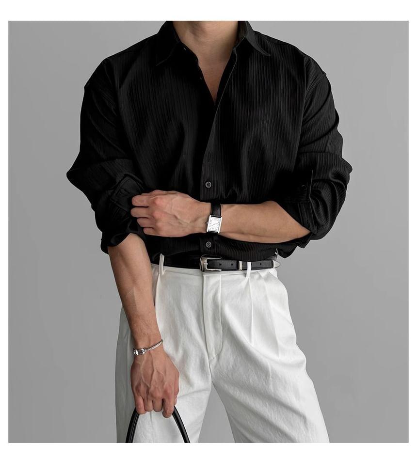 Long-Sleeve Collared Plain Button Up Shirt Product Image