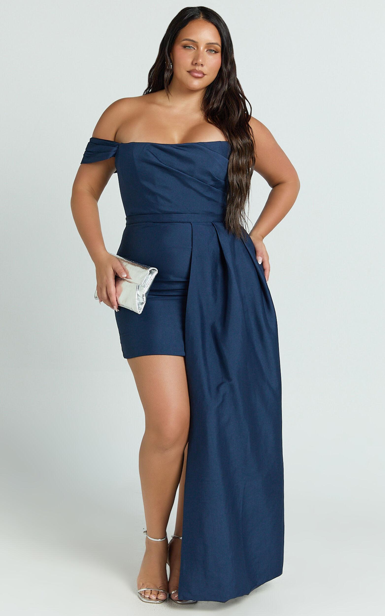 Stefania Mini Dress - Asymmetrical Removable Skirt Ruched Strapless Bodycon Dress in Navy Product Image