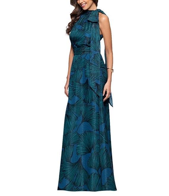 Betsy & Adam Halter Tie Neck Palm Print Shimmer Chiffon Sleeveless Maxi Dress Product Image