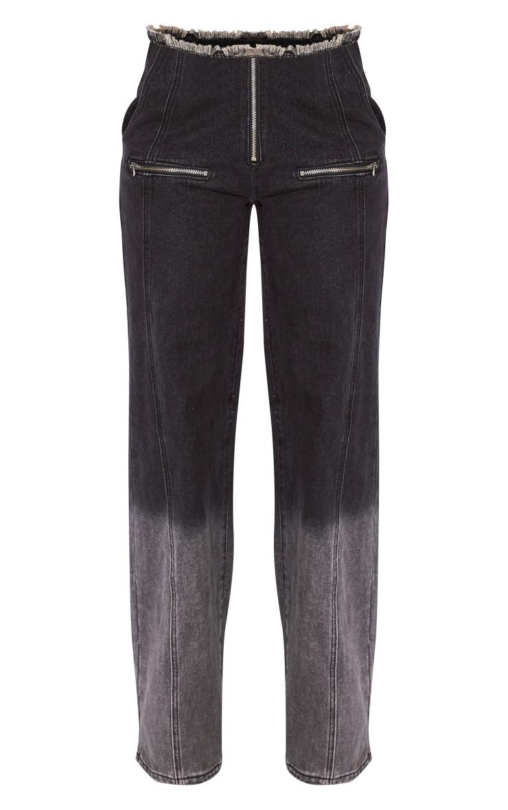 Tall Washed Black Frayed Waist Low Rise Wide Leg Jeans Product Image