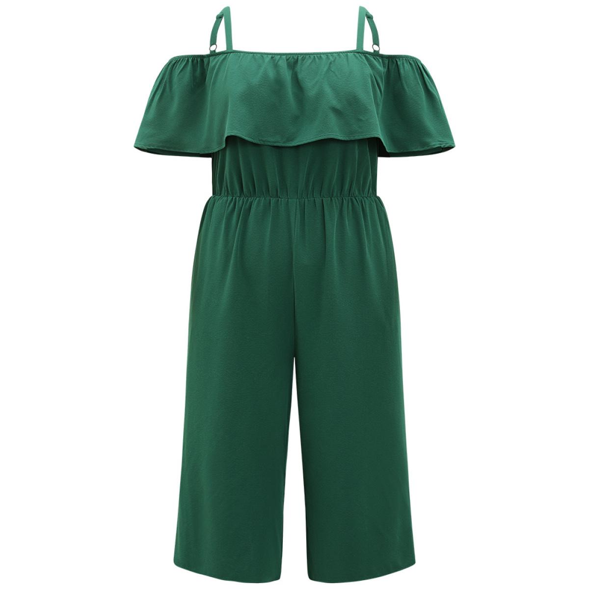 Plus Size Green Off Shoulder Ruffles Pocket Elastic Waist Cami Jumpsuit Women Elegant Half Sleeve One-shoulder neck Dailywear Loose Jumpsuits BloomChic 18-20/2X Product Image