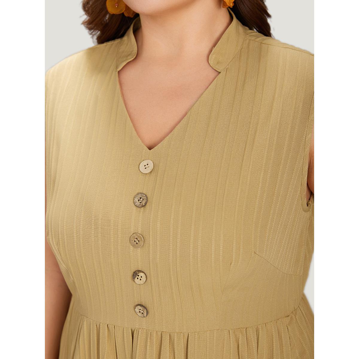 Plus Size Textured Button Detail Ruffle Layered Hem Sleeveless Dress LightBrown Women Elegant Button Stand-up collar Sleeveless Curvy Midi Dress BloomChic 14-16/1X Product Image