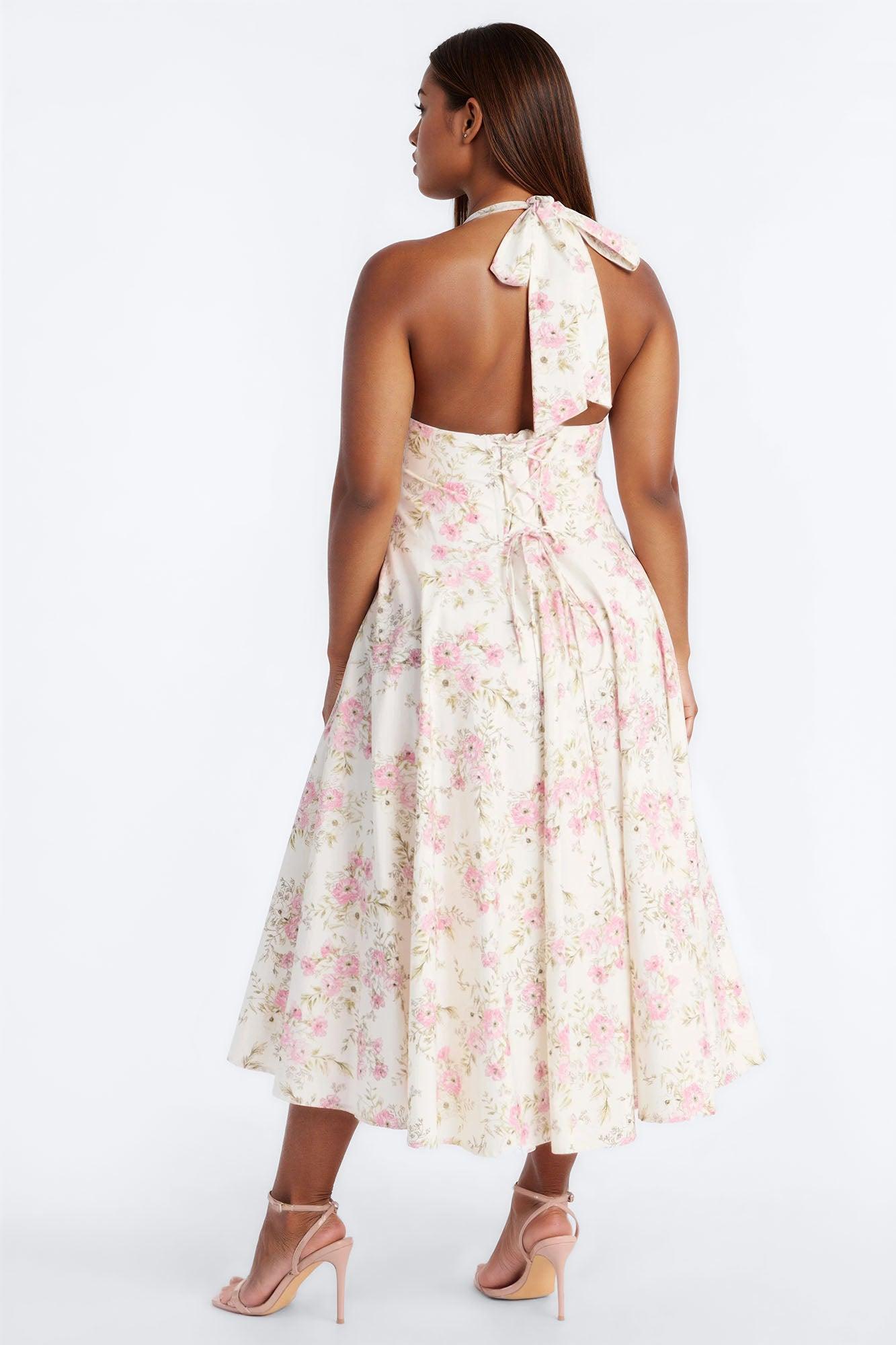 Adelaide Halter Floral Midi Dress - White/Pink Female Product Image