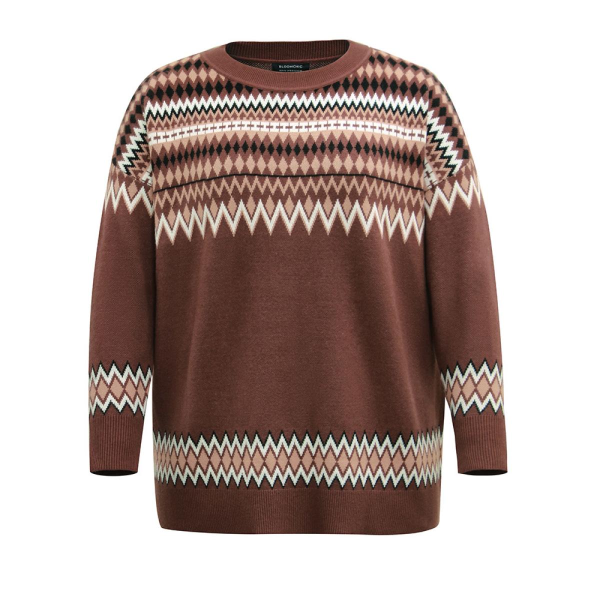 Plus Size Supersoft Essentials Bandana Print Drop Shoulder Pullover Multicolor Women Casual Loose Long Sleeve Round Neck Festival-Christmas Pullovers BloomChic 10/M Product Image