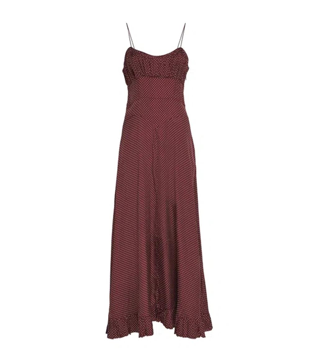 DOEN Rosaria Gathered Polka-dot Silk-blend Midi Dress In Burgundy Product Image