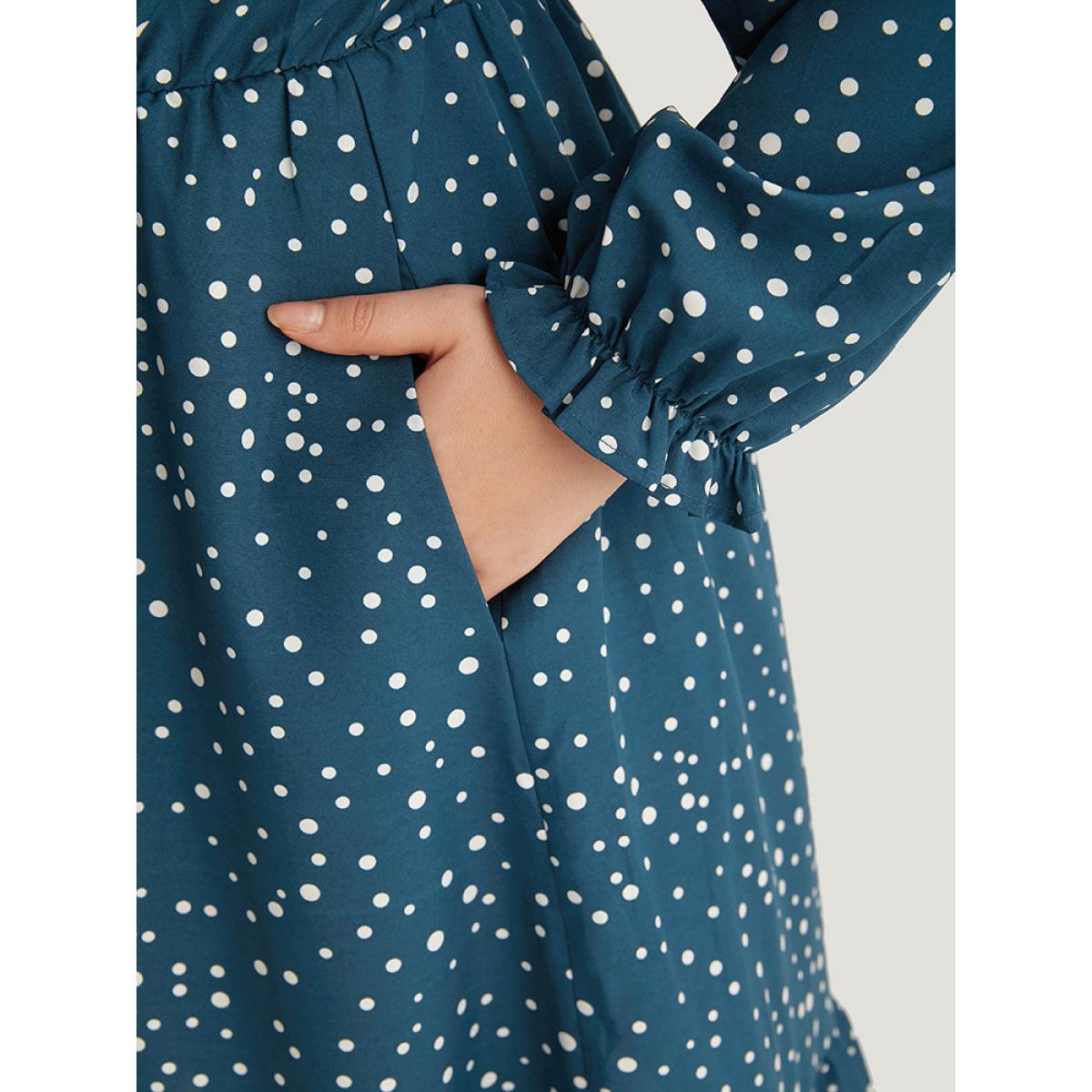 Plus Size Polka Dot Overlap Collar Flutter Trim Dress Aegean Women Elegant Elastic cuffs V-neck Long Sleeve Curvy Midi Dress BloomChic 12/L Product Image