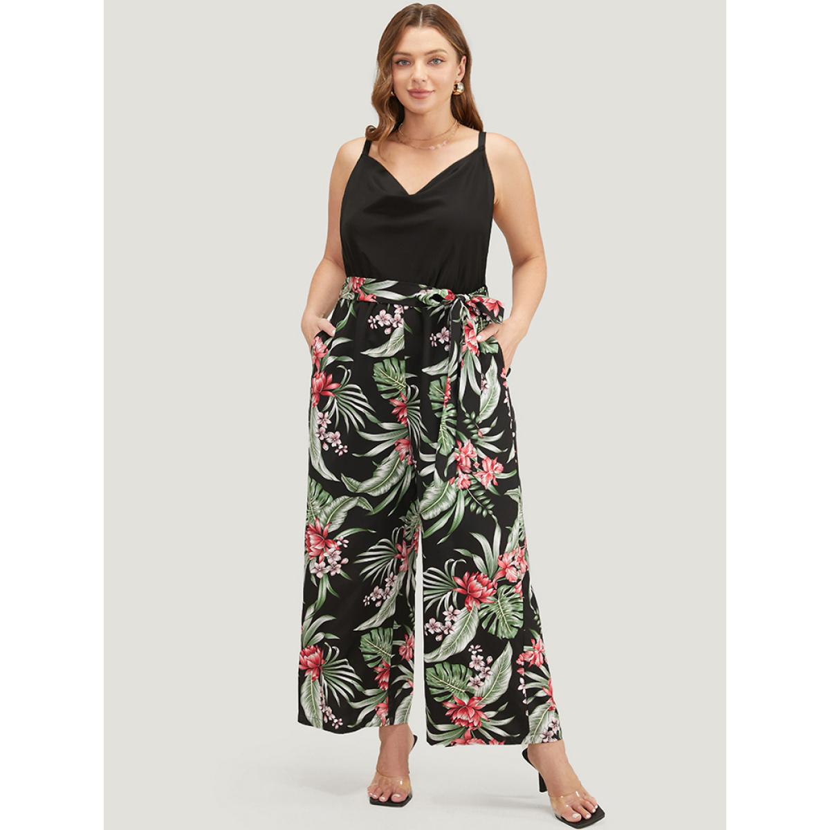 Plus Size Black Tropical Patchwork Cowl Neck Pocket Belted Cami Jumpsuit Women Vacation Sleeveless Cowl Neck Dailywear Loose Jumpsuits BloomChic 22-24/3X Product Image