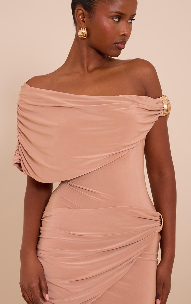 Beige Double Layer Slinky Off The Shoulder Trim Mini Dress Product Image