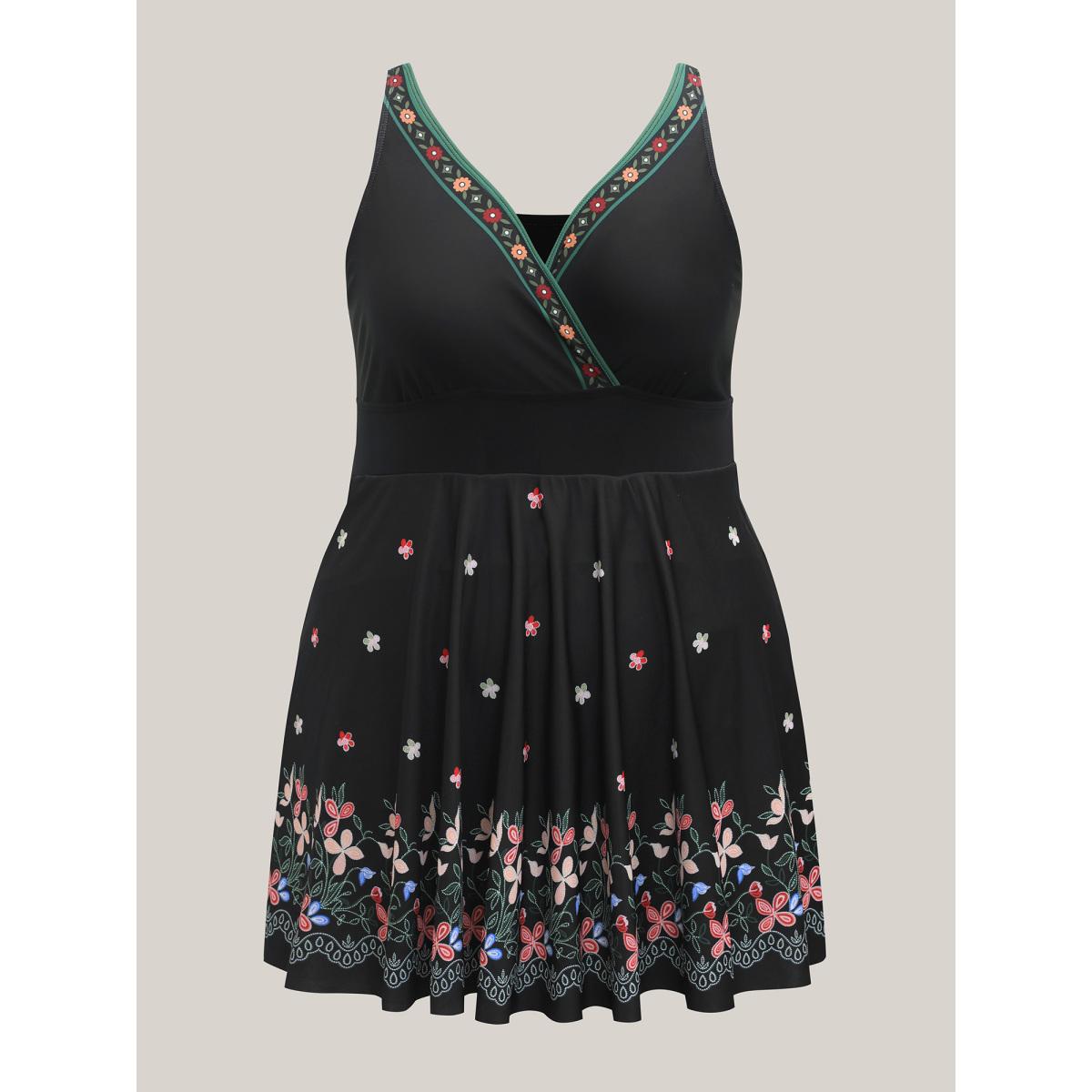 Plus Size Floral Print Surplice Neck Swim Dress Women's Swimwear Black Resort Bodycon Overlap Collar High stretch Curve Swim Dresses BloomChic 18-20/2X Product Image