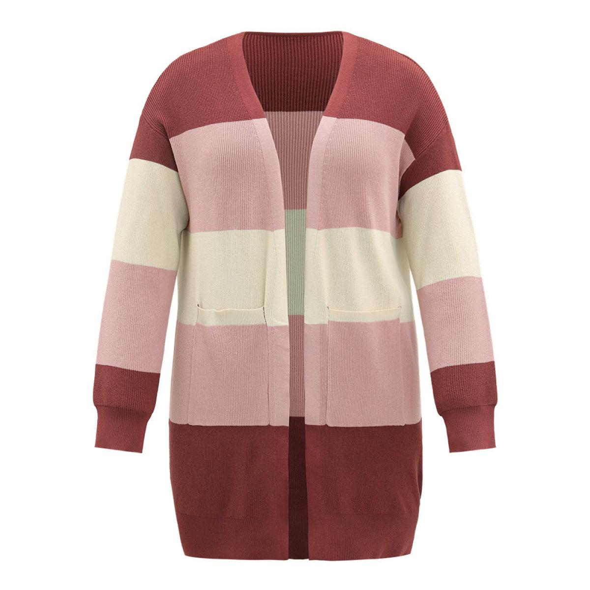 Plus Size Colorblock Patchwork Patched Pocket Elastic Cuffs Cardigan Russet Women Casual Loose Long Sleeve Everyday Cardigans BloomChic 30/6X Product Image