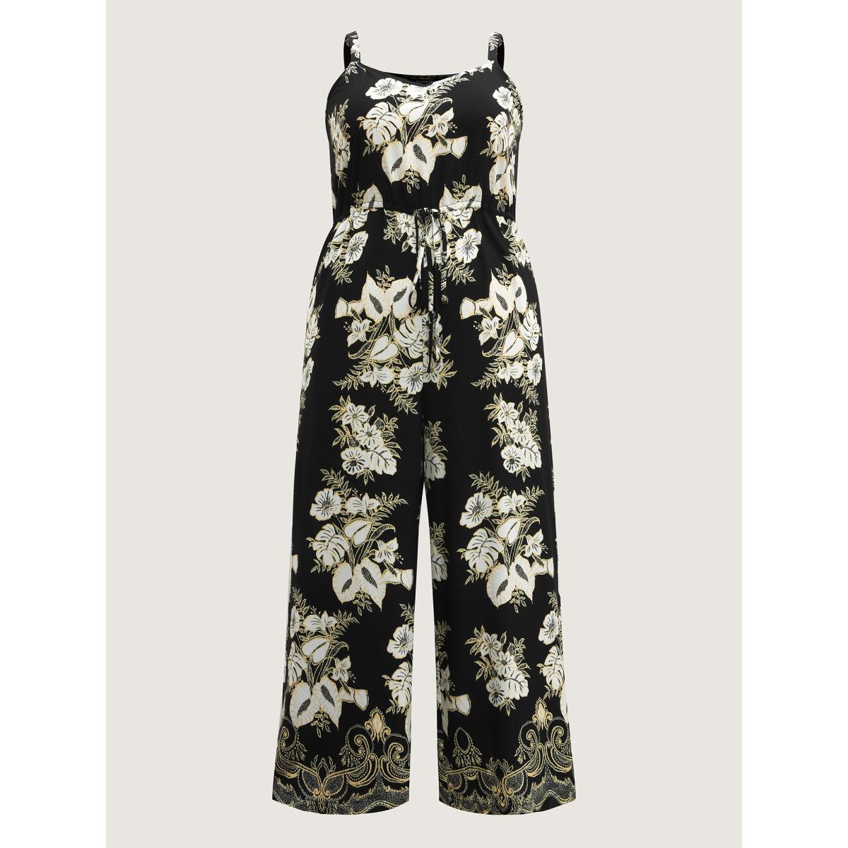 Plus Size Black Boho Floral Cami Pockets Jumpsuit Women Sleeveless Heart neckline Vacation Loose Jumpsuits BloomChic 22-24/3X Product Image