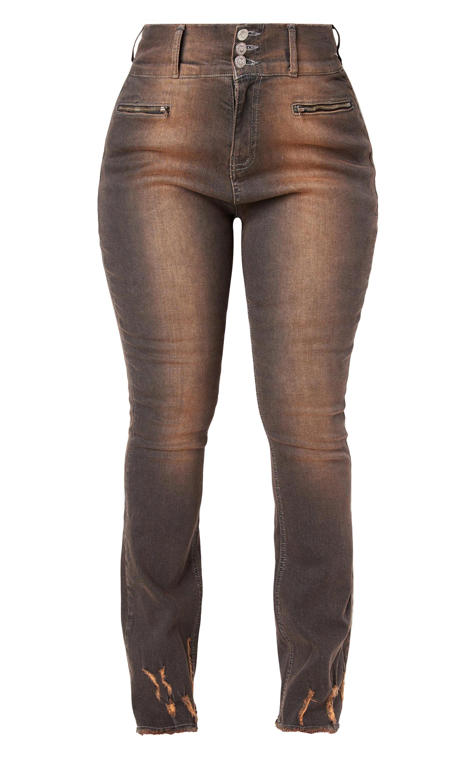Shape Washed Brown Denim High Waisted Ripped Hem Jeans Product Image