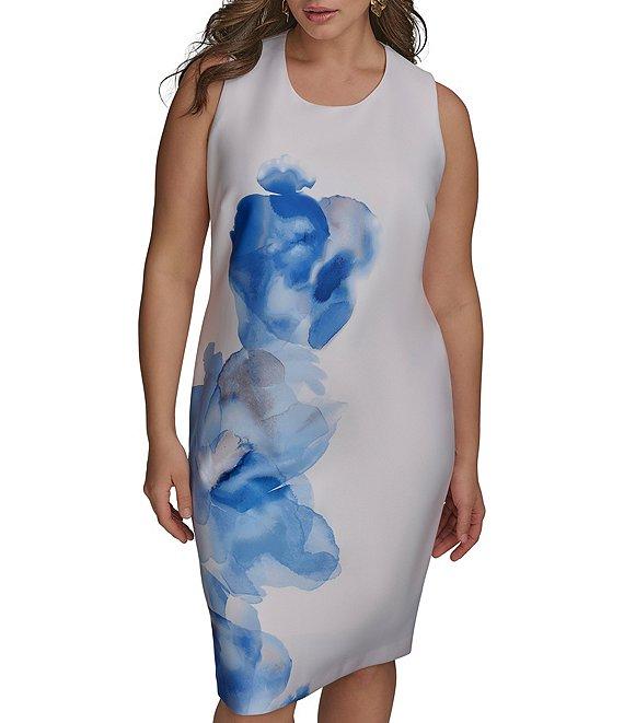 Donna Karan Plus Size Sleeveless Floral Print Scuba Sheath Dress Product Image