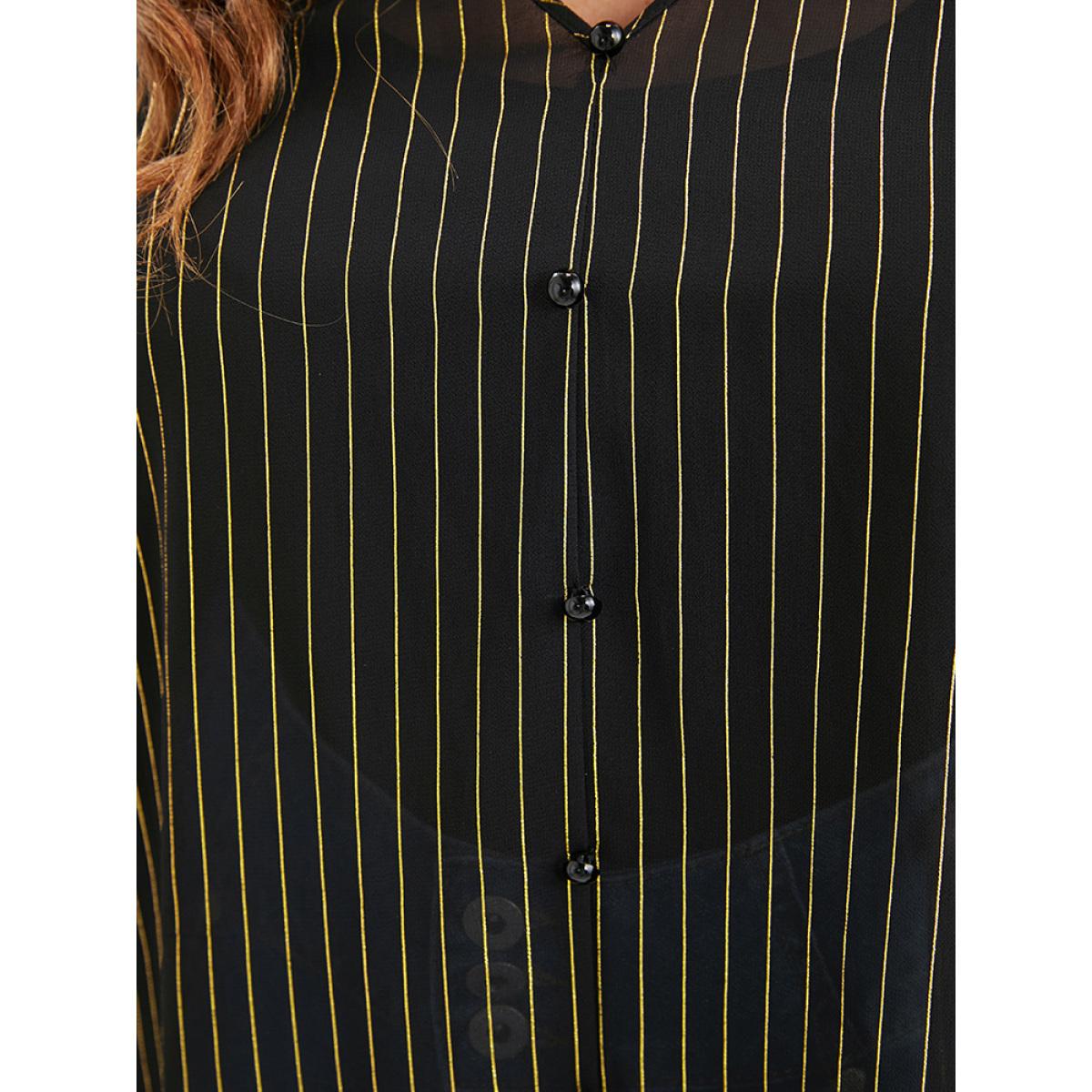 Plus Size Black Striped Mesh Lantern Sleeve V Neck Blouse Women Elegant Elbow-length sleeve V-neck Dailywear Blouses BloomChic 26/4X Product Image