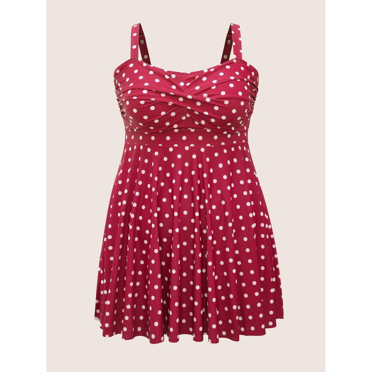 Plus Size Polka Dot Crossover Ruched Flutter Hem Swim Dress Women's Swimwear Russet Beach Bodycon Strapless High stretch Curve Swim Dresses BloomChic 26/4X Product Image