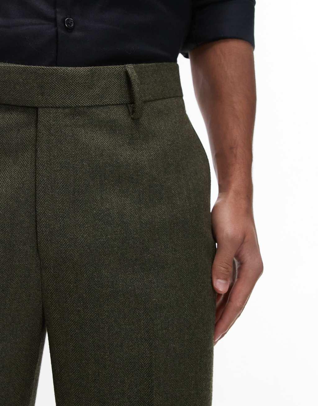 ASOS DESIGN smart straight leg pants in green wool look herringbone Product Image