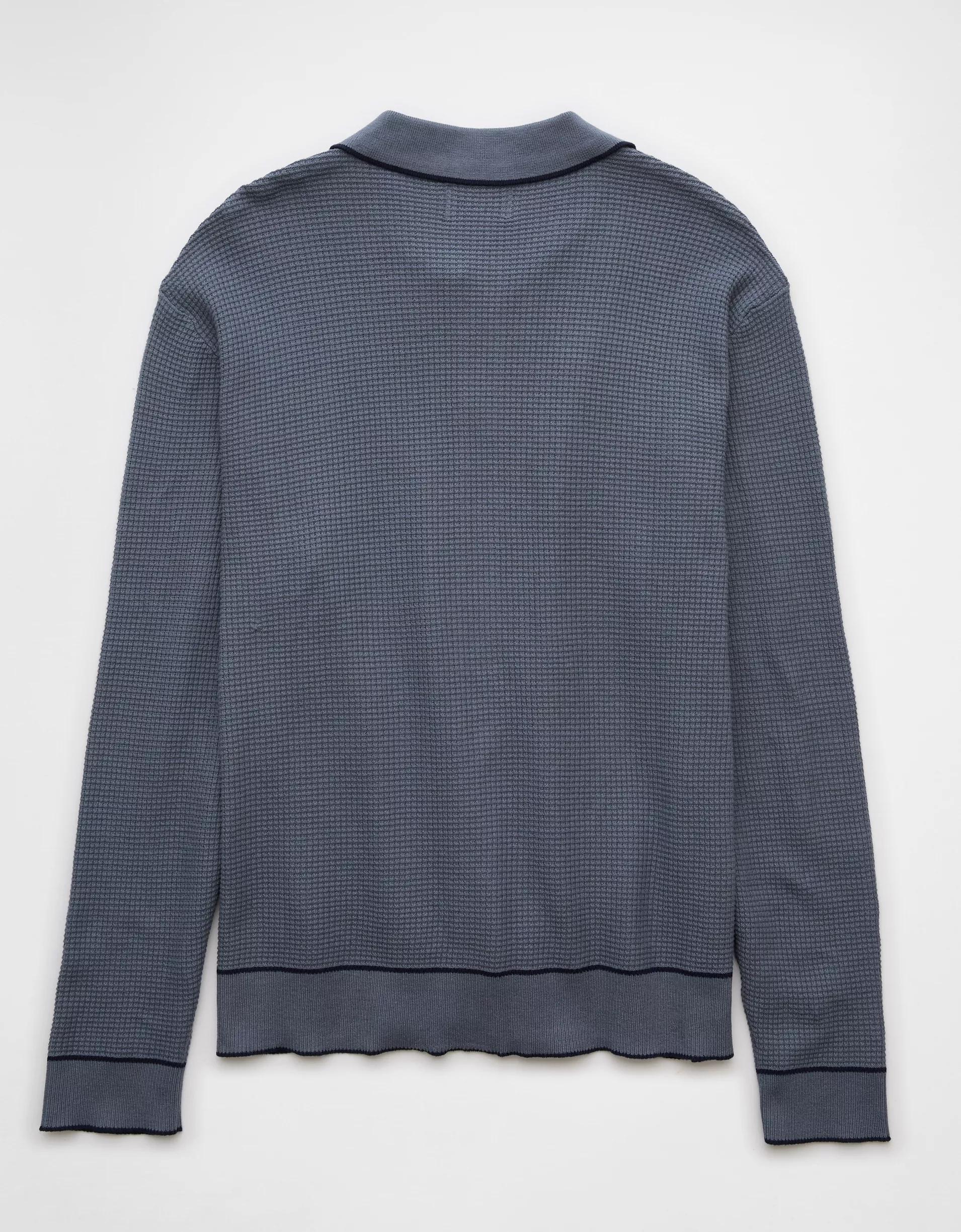 AE Long-Sleeve Tipped Waffle Sweater Polo Shirt Product Image