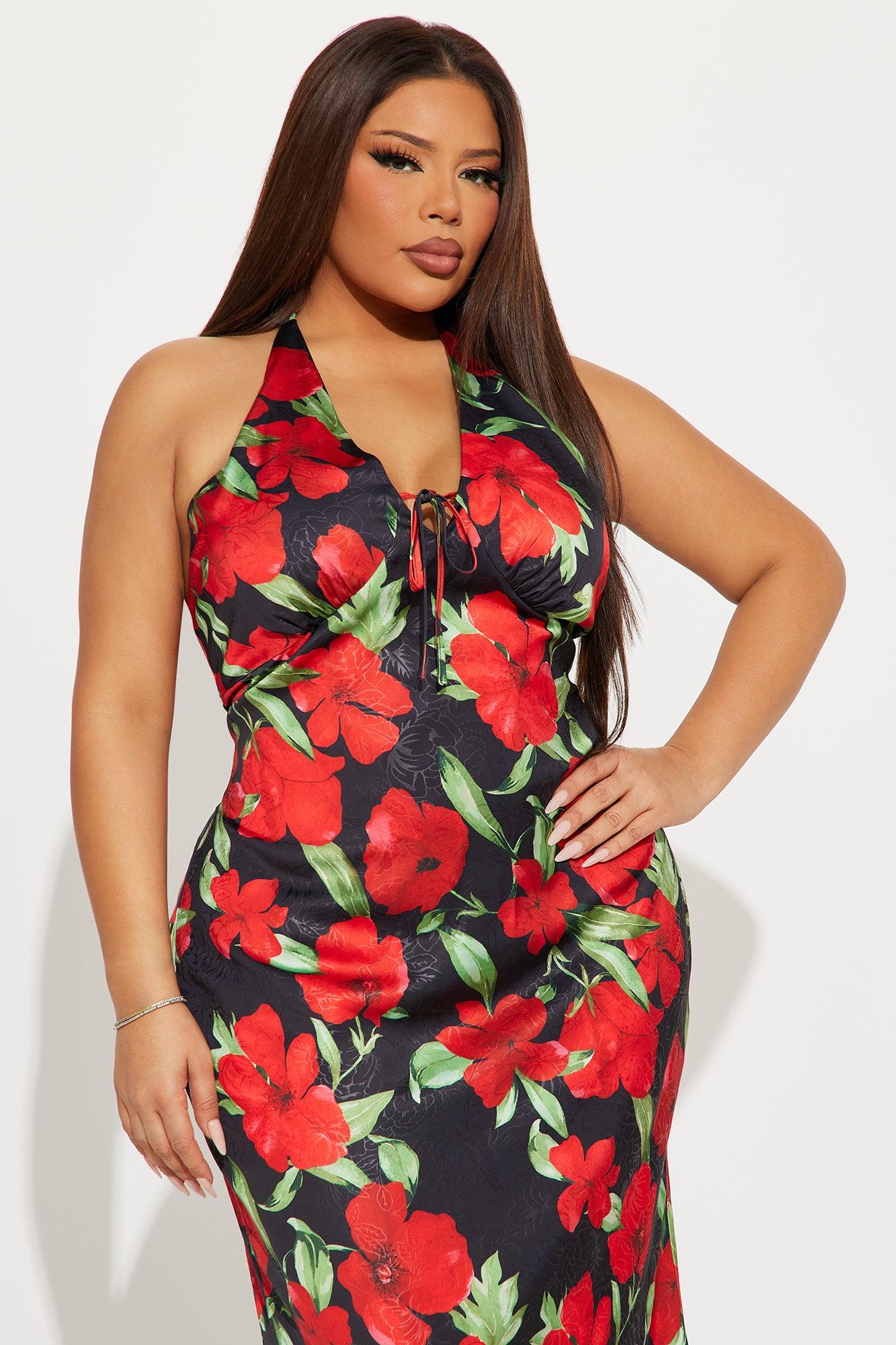 Tia Satin Floral Maxi Dress - Red/combo Product Image