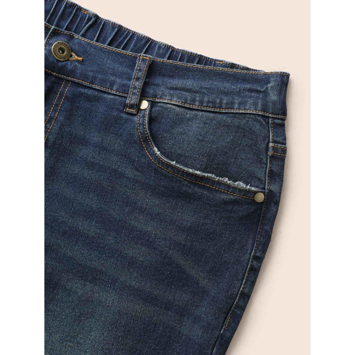 Plus Size Stretch Denim Pocket Distressing Slim-Fit Jeans Women Bluevintage Casual Button Medium stretch Slanted pocket Jeans BloomChic 16/1X Product Image