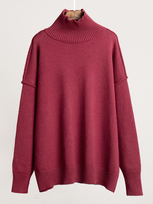 Long Sleeves Loose Solid Color Split-Joint High Neck Pullovers Sweater Tops Product Image
