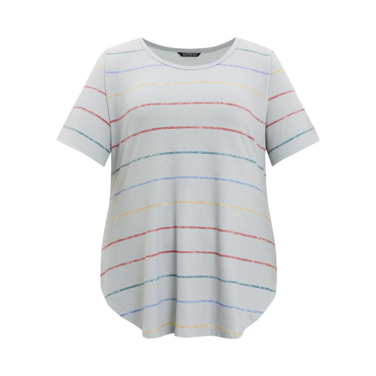Plus Size Rainbow Striped Arc Hem T-shirt Gray Women Casual Contrast Striped Round Neck Dailywear T-shirts BloomChic 28/5X Product Image