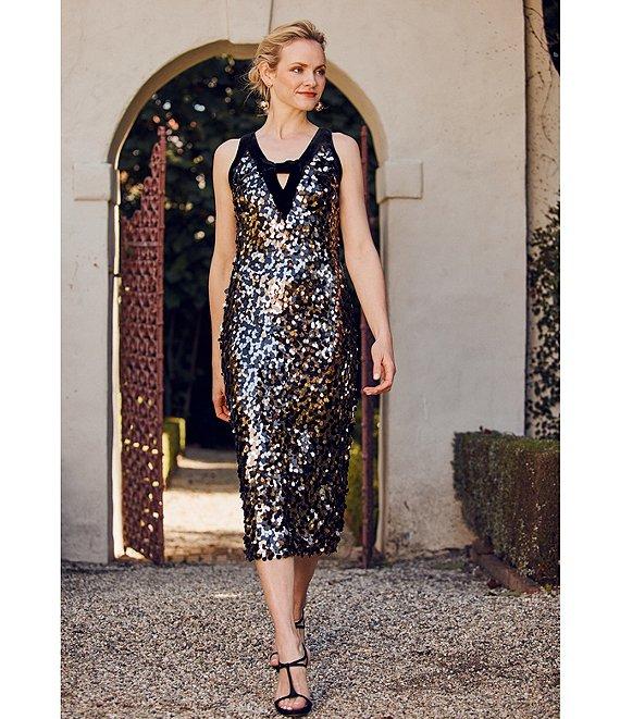 Trina Turk Yanna Petal Paillette Sequin V-Neck Velvet Trim Bow Dress Product Image