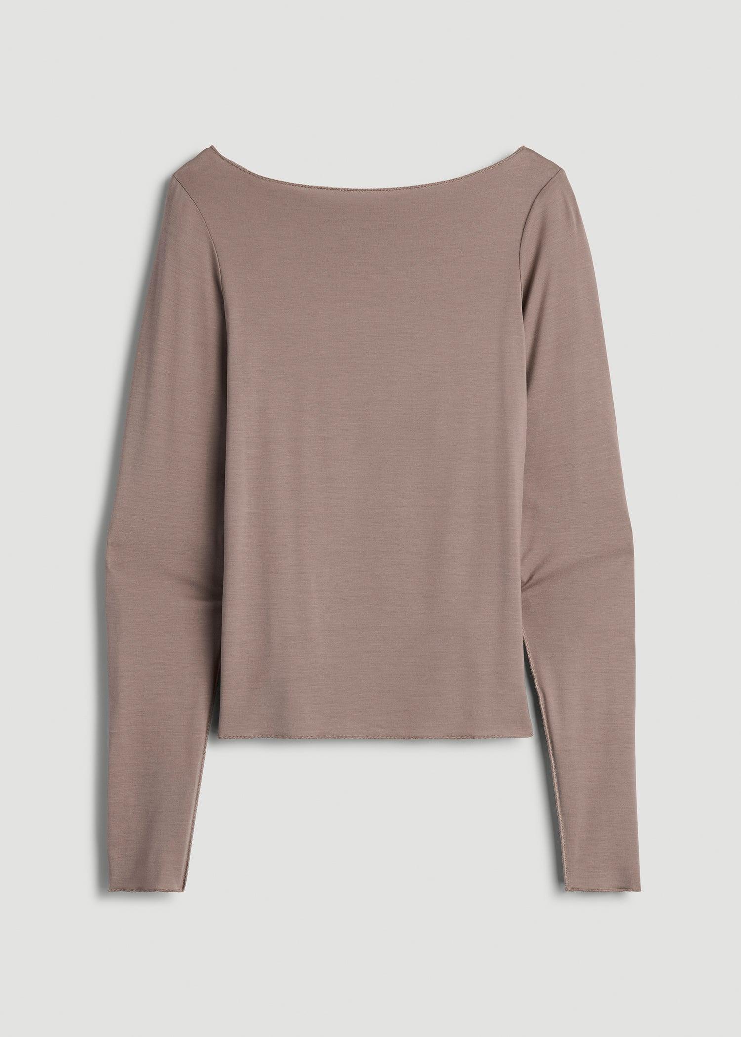 Boatneck Long Sleeve Exposed Seam Top for Tall Women in Dark Sand Female Product Image