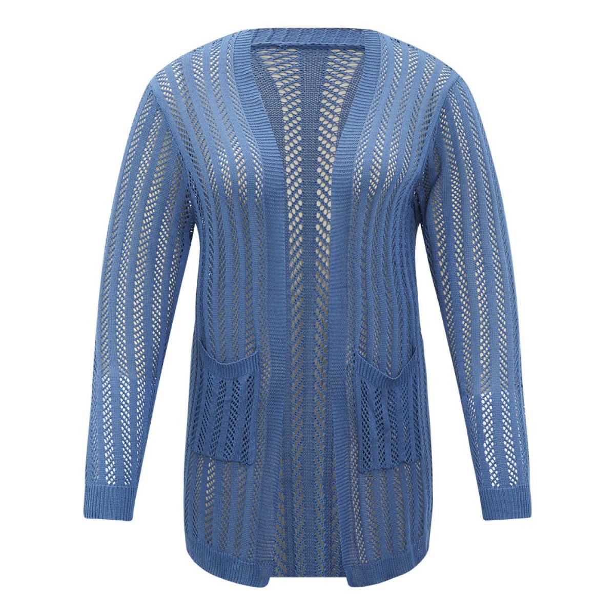 Plus Size Geometric Eyelet Patched Pocket Elastic Cuffs Cardigan Aegean Women Casual Loose Long Sleeve Everyday Cardigans BloomChic 22-24/3X Product Image