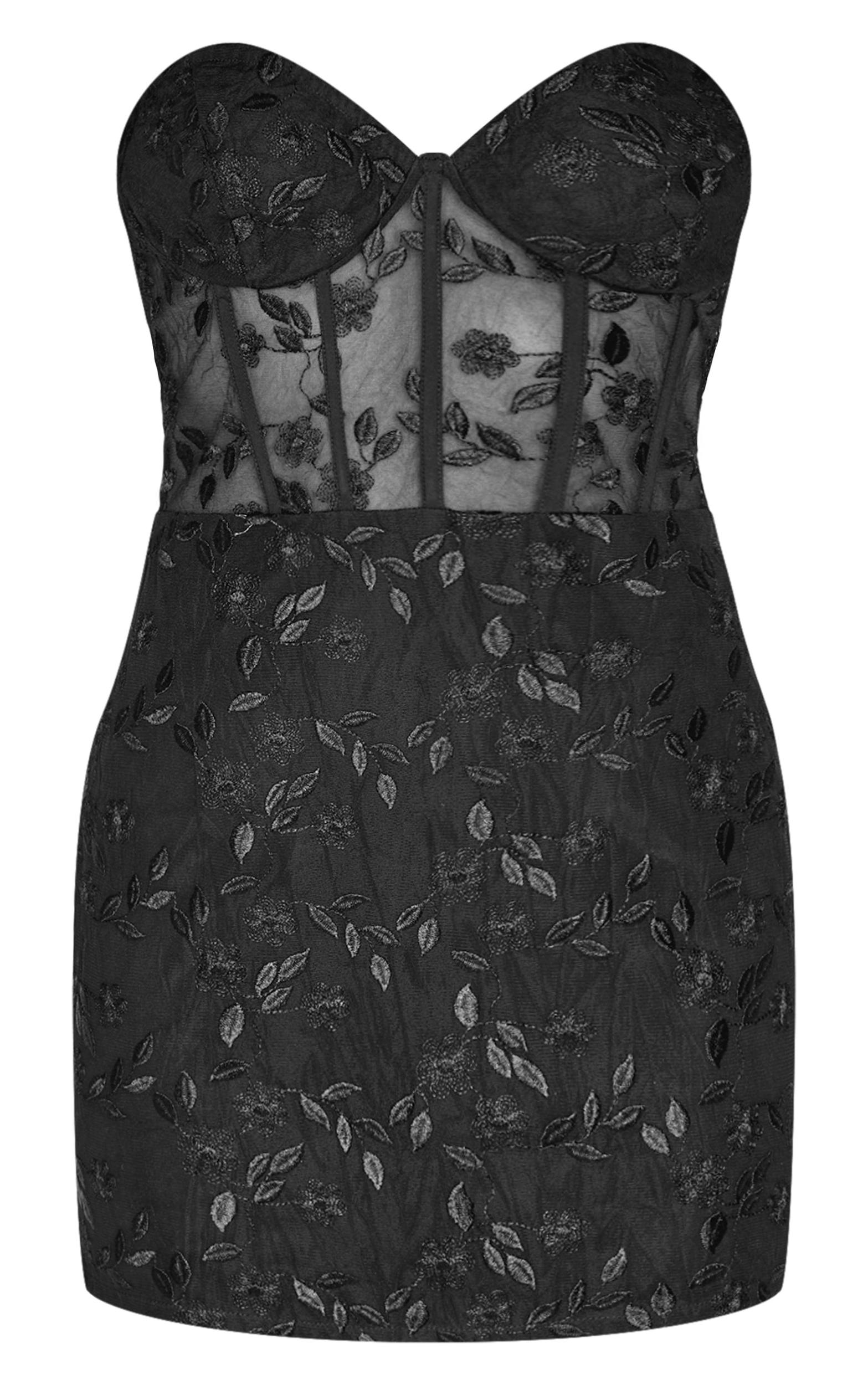 Black Floral Mesh Overlay Corset Mini Dress Product Image