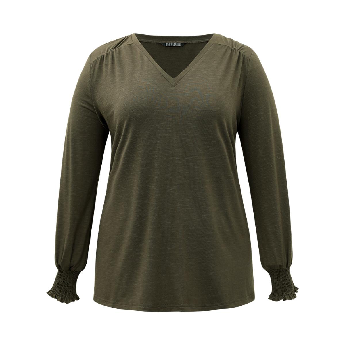 Plus Size Plain V Neck Gathered Shirred Sleeve T-shirt ArmyGreen Women Casual Elastic cuffs Plain V-neck Everyday T-shirts BloomChic 10/M Product Image
