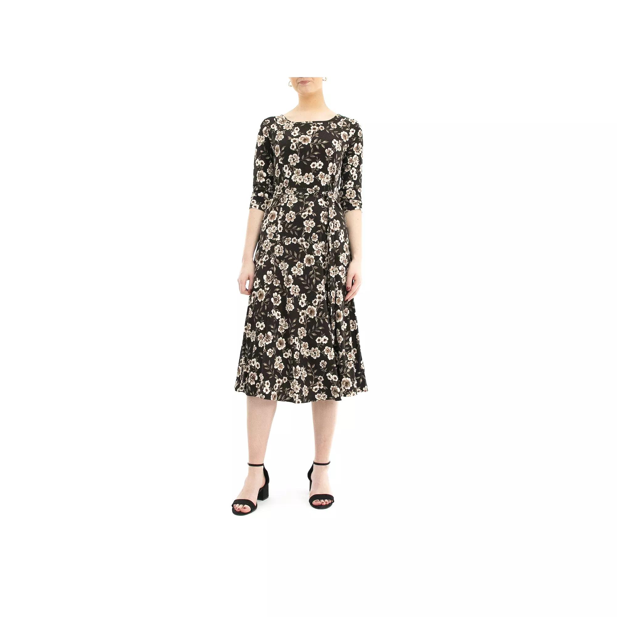 Women's Nina Leonard Belted 3/4 Sleeve Print Midi Dress,  Product Image