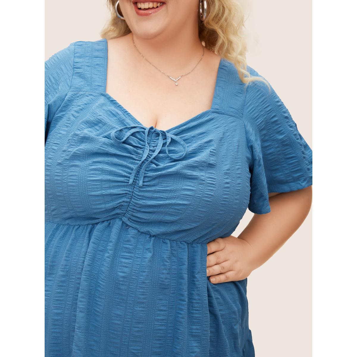 Plus Size Plain Ruched Drawstring Pocket Ruffle Tiered Dress Cerulean Women Timeless Non V-neck Short sleeve Curvy Midi Dress BloomChic 28/5X Product Image
