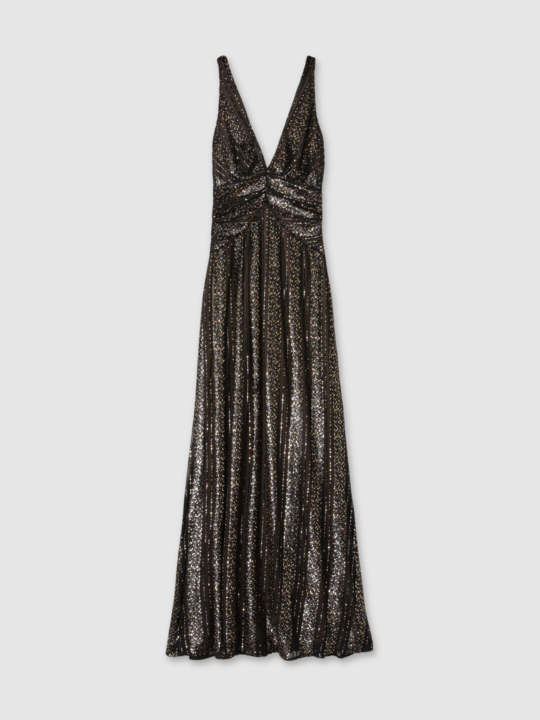 Halston Plunge Neck Sequin Maxi Dress in Black Product Image