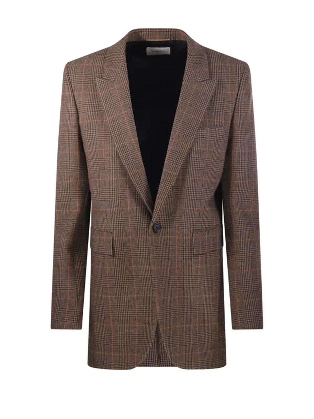 SAINT LAURENT Single-breasted Slim Houndstooth Plaid Blazer In Brown Product Image