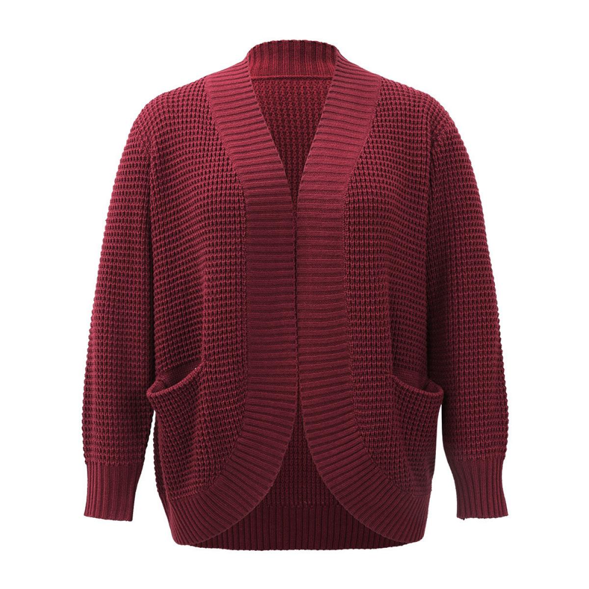Plus Size Plisse Patched Pocket Curved Hem Open Front Cardigan Burgundy Women Casual Loose Long Sleeve Everyday Cardigans BloomChic 30/6X Product Image