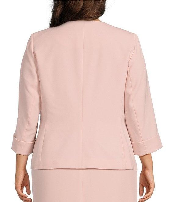 Kasper Plus Size Crepe Rolled Cuff 3/4 Sleeve Open Front Cardigan Jacket Product Image