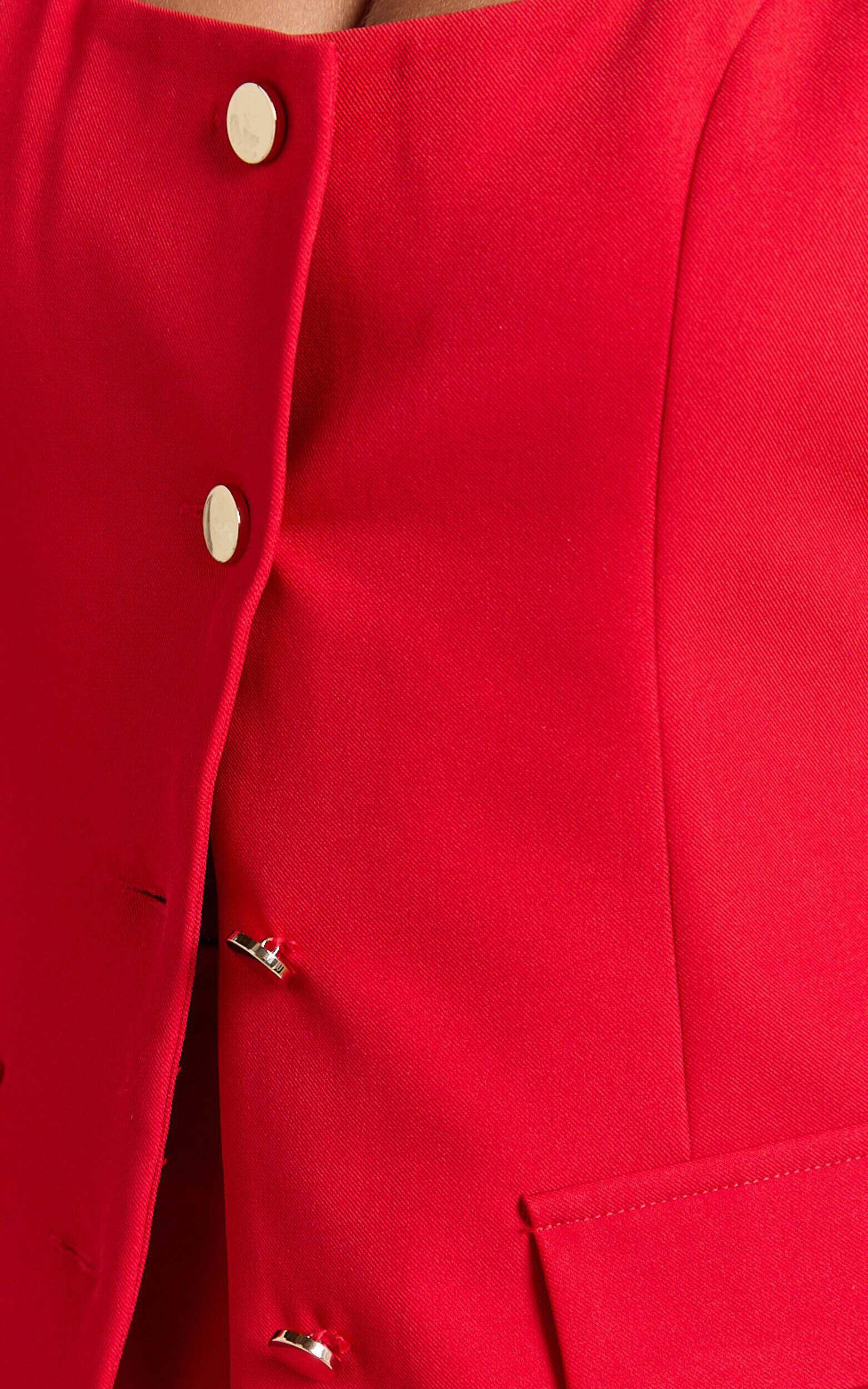 Phyllis Two Piece Set - Tailored Scoop Neck Vest Top and A Line Mini Skirt Set with Gold Buttons in Red Product Image