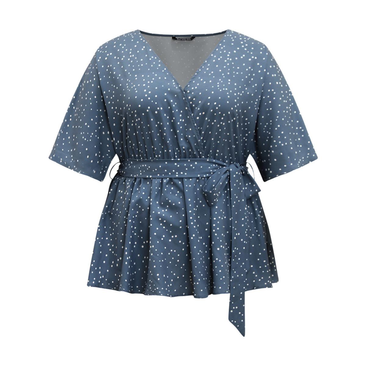 Plus Size Stone Polka Dot Flutter Sleeve Wrap Belted Blouse Women Office Short sleeve V-neck Work Blouses BloomChic 26/4X Product Image