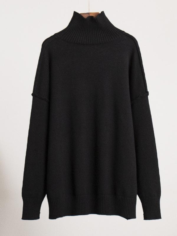 Long Sleeves Loose Solid Color Split-Joint High Neck Pullovers Sweater Tops Product Image