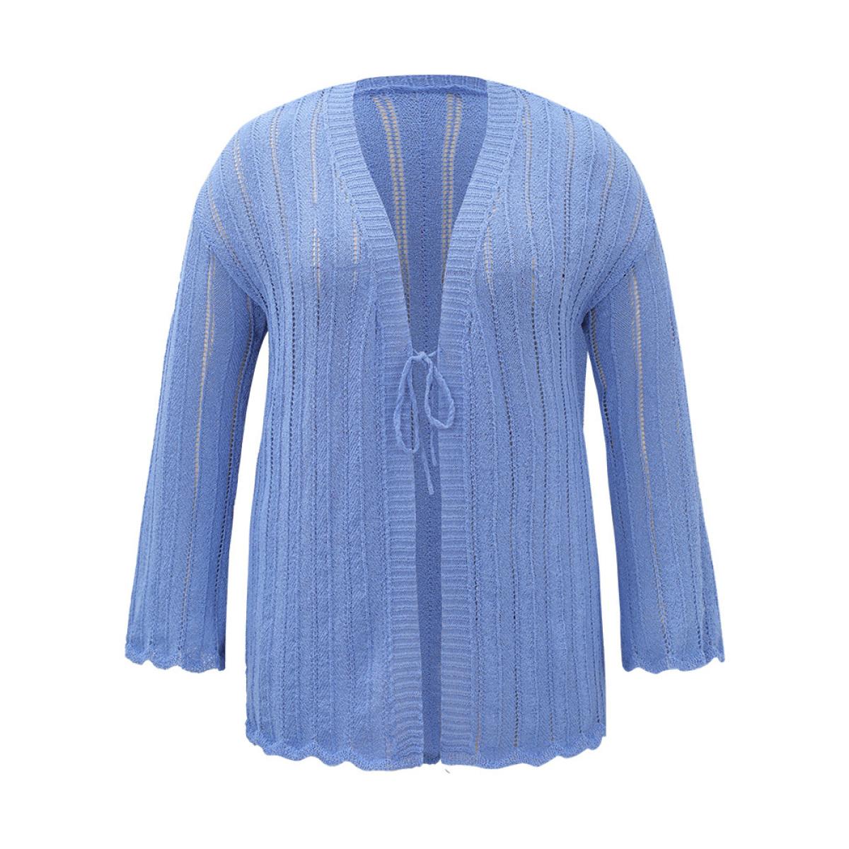 Plus Size Plain Ties Front Bell Sleeve Scalloped Trim Cardigan Cerulean Women Casual Loose Long Sleeve Everyday Cardigans BloomChic 12/L Product Image