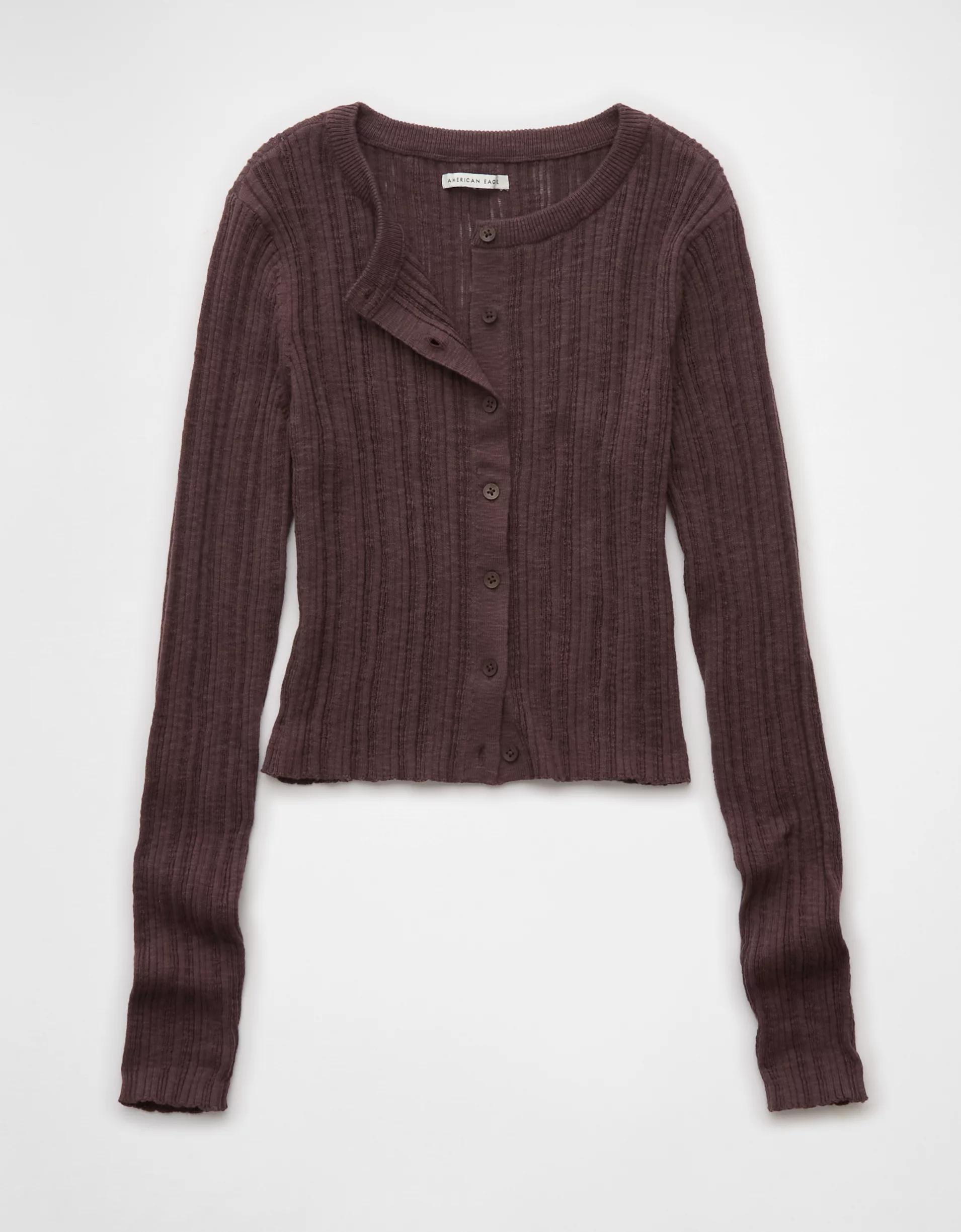 AE Ribbed Crew Neck Cardigan Product Image
