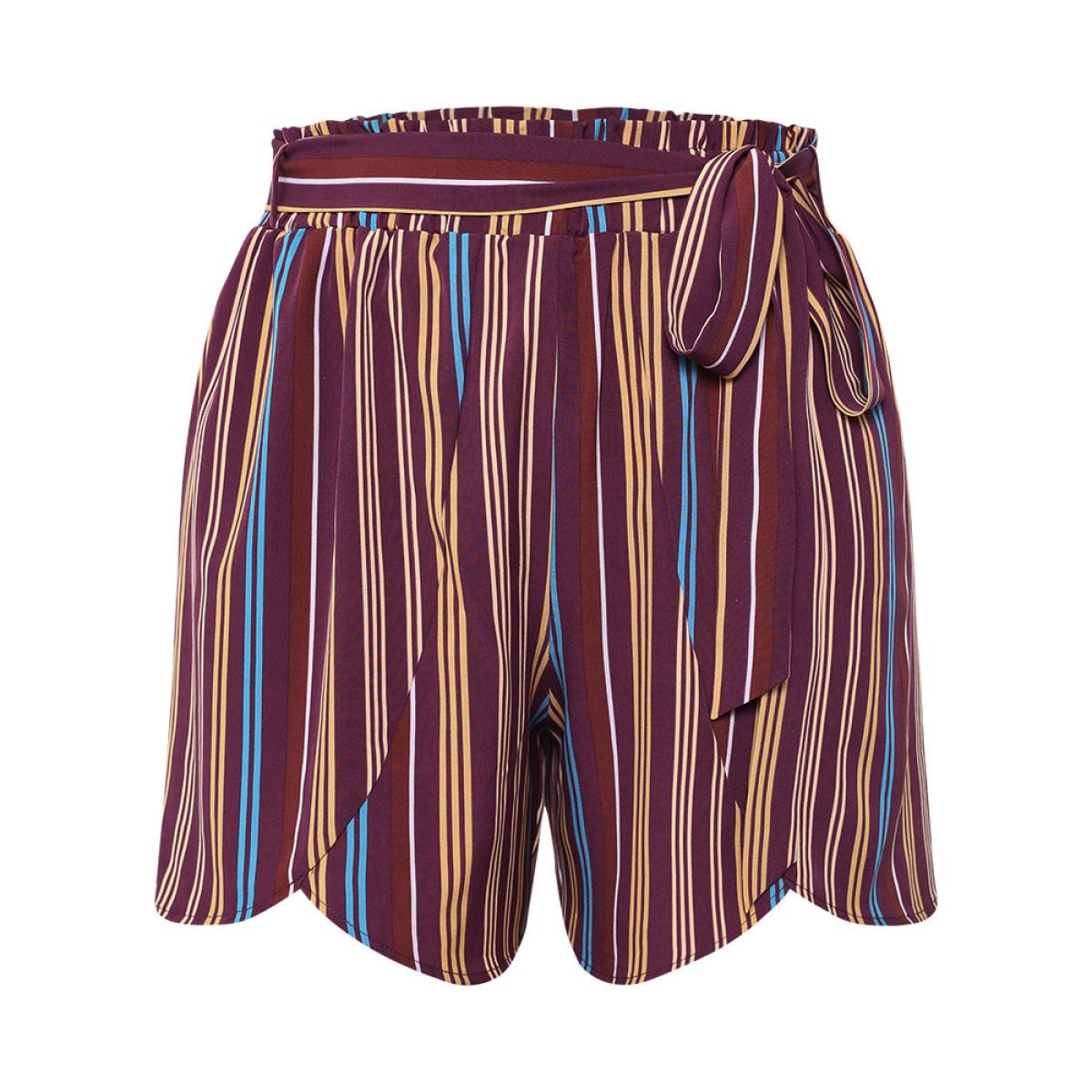 Plus Size Colour Striped Print Belted Wrap Hem Shorts Women Multicolor Vacation Cross straps Dailywear Shorts BloomChic 22-24/3X Product Image